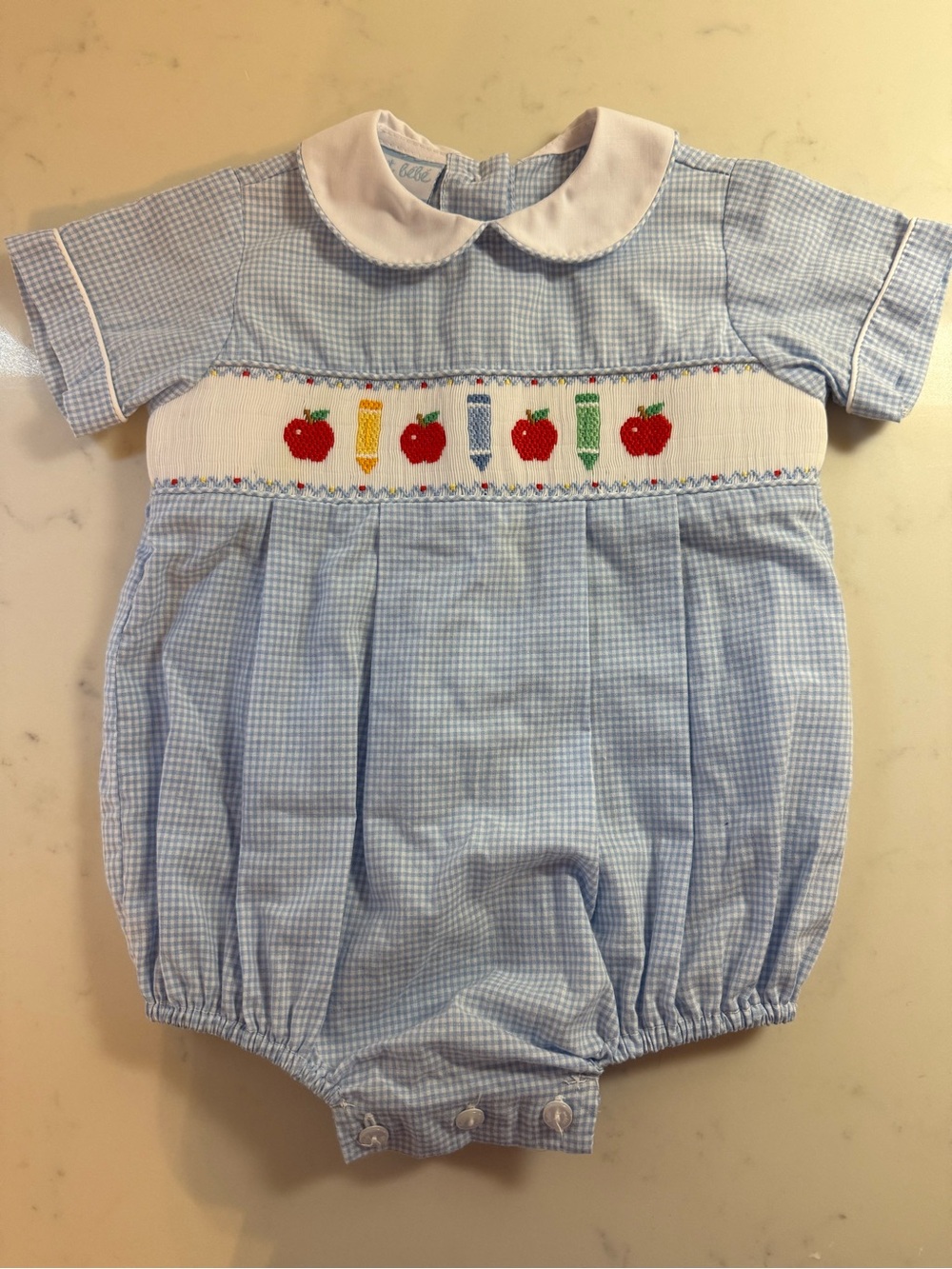 Blue Gingham Smocked Apple & Crayon Bubble Romper - Baby Boy